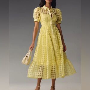 Worn once! 	English Factory Women's Yellow Gridded Organza Tiered Maxi Dress.